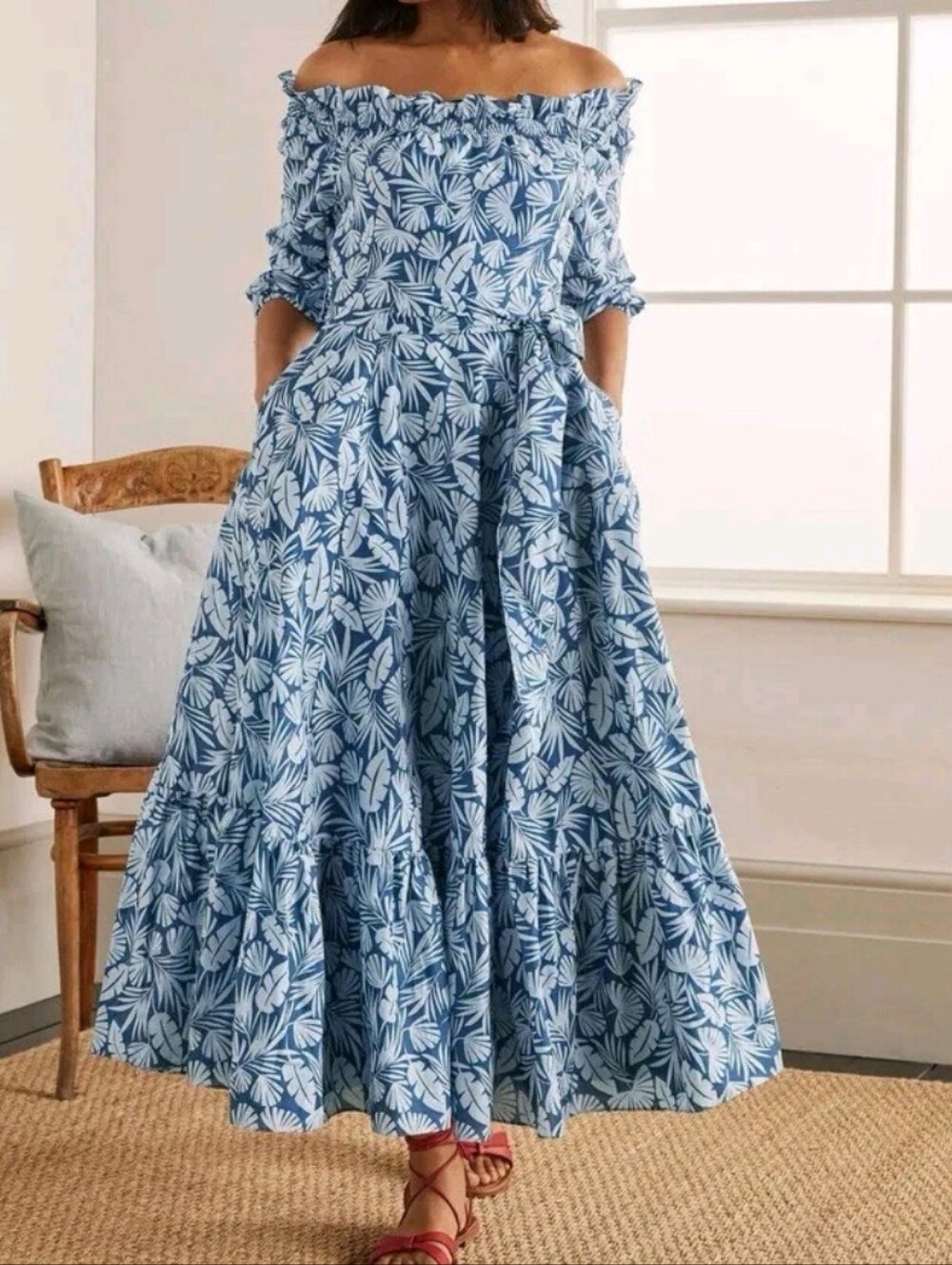 Boden Rosalind Tierd Midi Blue Leaf Dress W/Pockets, Sz. 8P.
